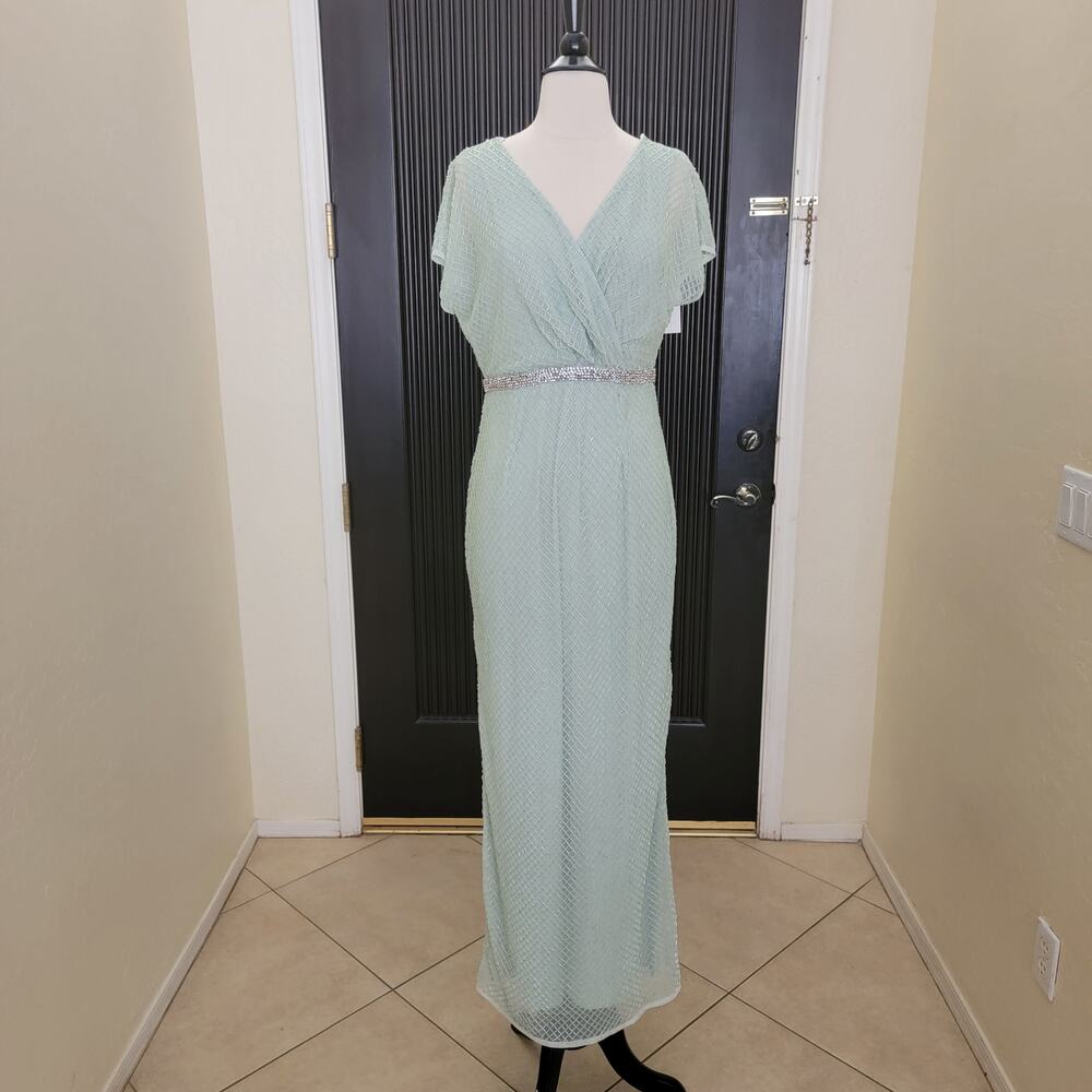 Mac Duggal 93994 Sage Green Beaded Wrap Short Sleeve Gown Size 8 - Picture 2 of 12
